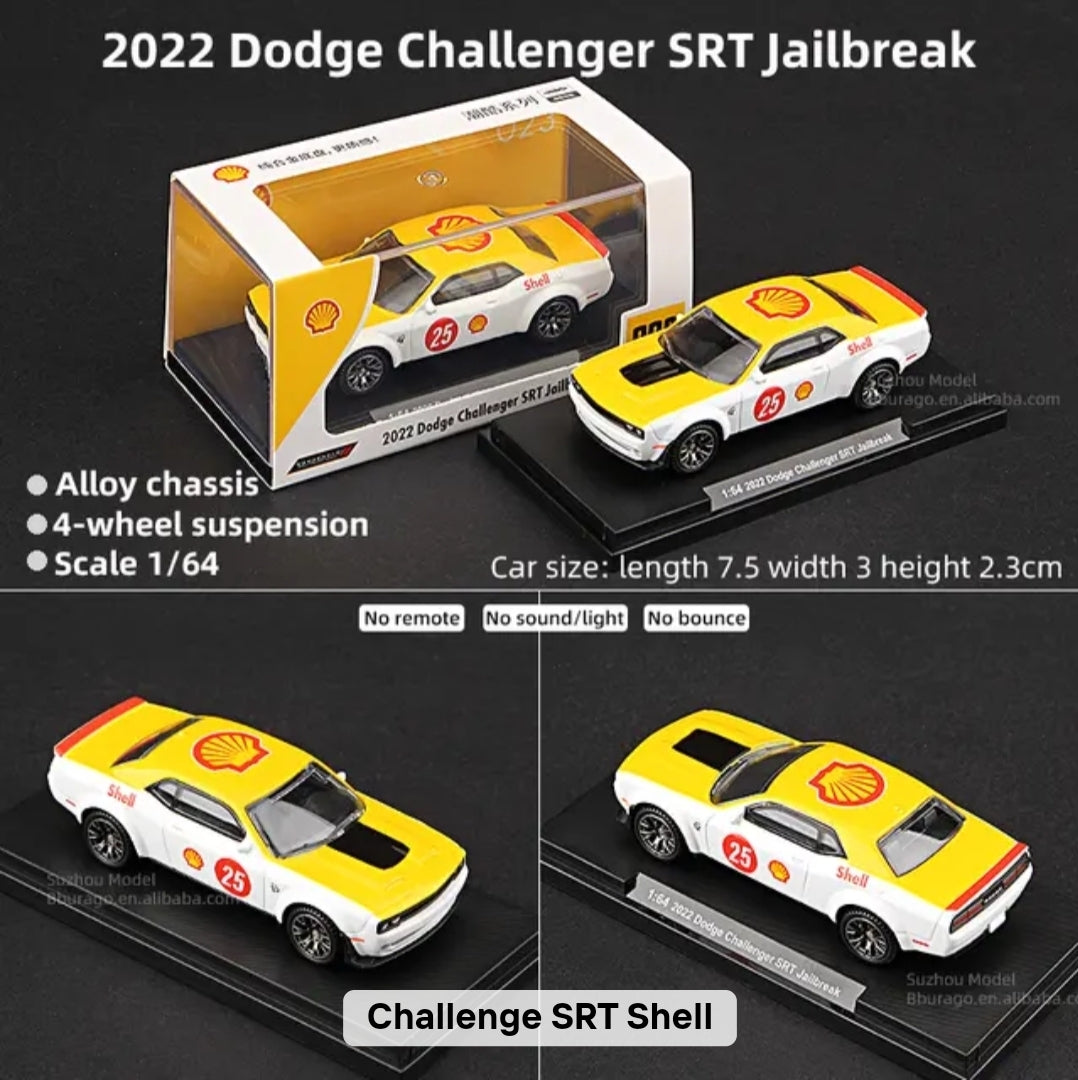 2022 Dodge Challenger SRT Jailbreak model car in packaging with specifications on a black background