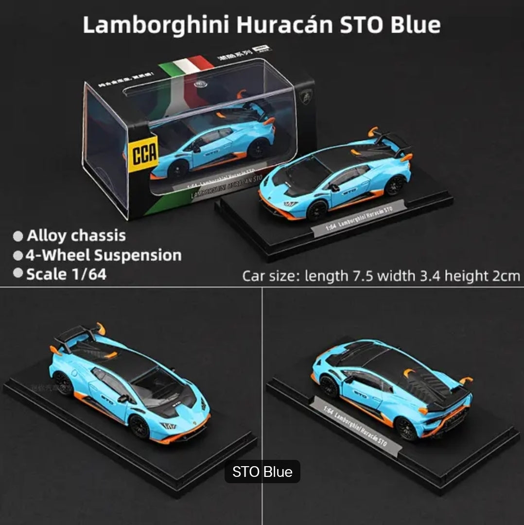 Lamborghini Huracán STO Blue model car with display stand and CCA branding on a dark background.