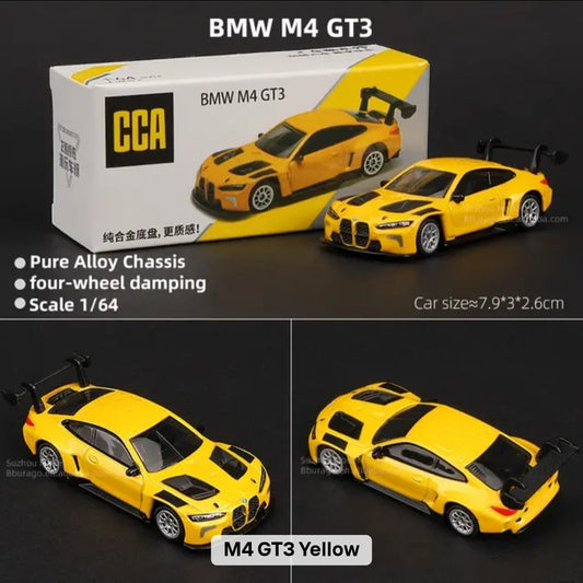 Yellow model car with packaging displaying 'BMW M4 GT3' on a dark background