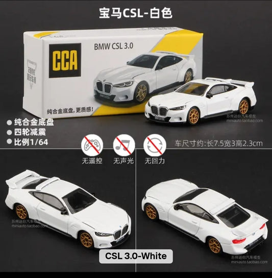 Model car packaging with BMW CSL 3.0 design, featuring CCA branding.