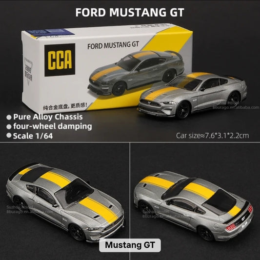 Model Ford Mustang GT toy car with packaging and specifications on a dark background