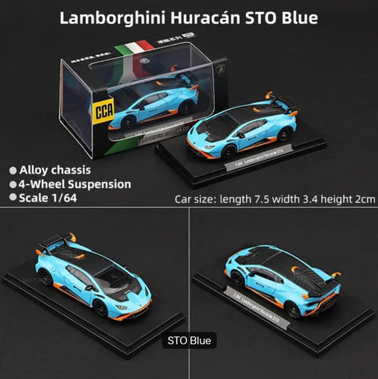 Lamborghini Huracán STO Blue model car with display stand and CCA branding on a dark background.