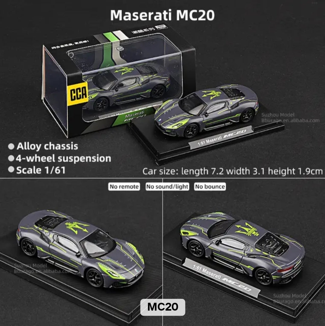 Maserati MC20 model car in packaging with specifications on a black background