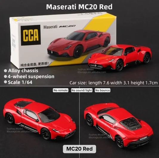 Red Maserati MC20 model car with packaging and specifications on a black background