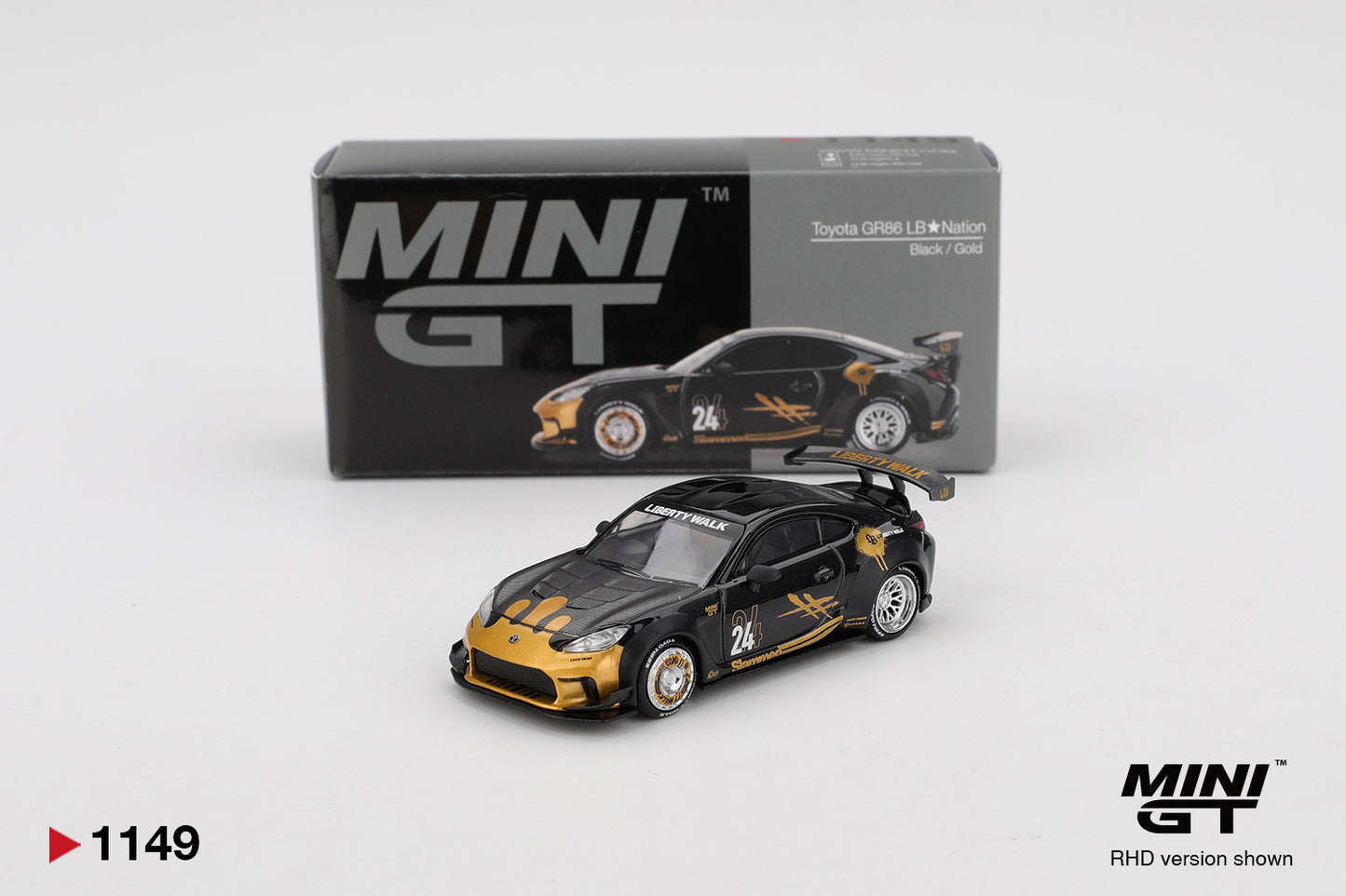 MINI GT #1149 Mini GT #1149: Toyota GR86 LB★Nation Black / Gold 1:64 Scale