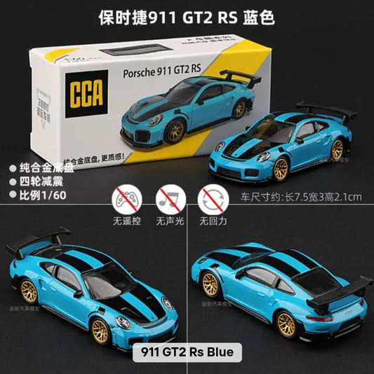 Model car of Porsche 911 GT2 RS with packaging and specifications on a black background