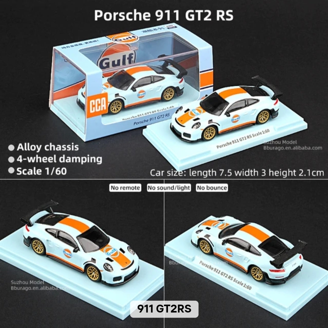 Model car of Porsche 911 GT2 RS with packaging on a black background