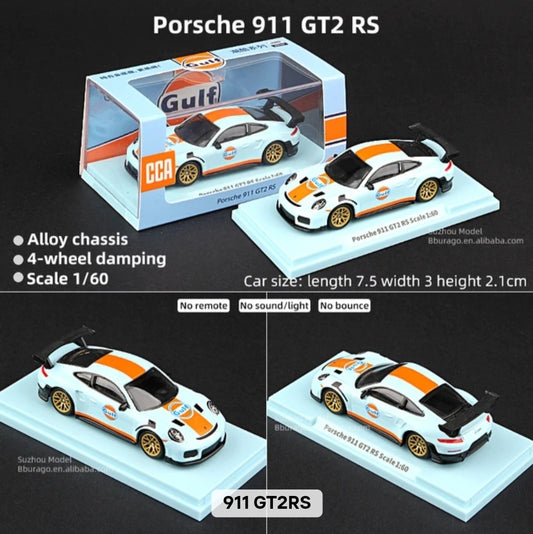Model car of Porsche 911 GT2 RS with packaging on a black background