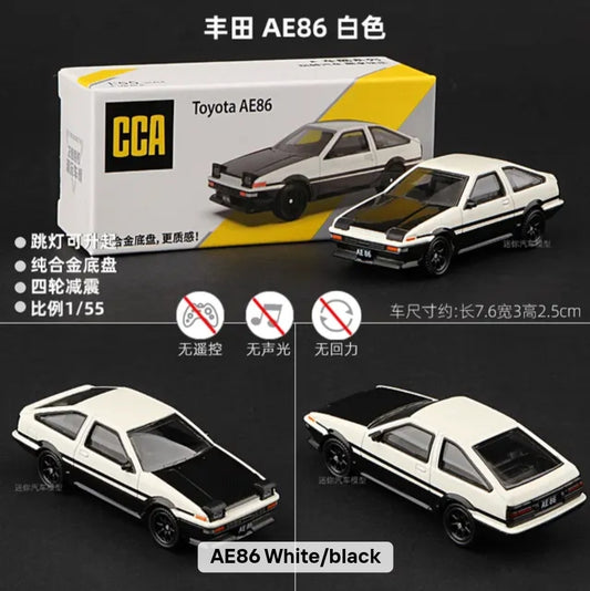 Toyota AE86 model car with packaging and multiple views on a black background